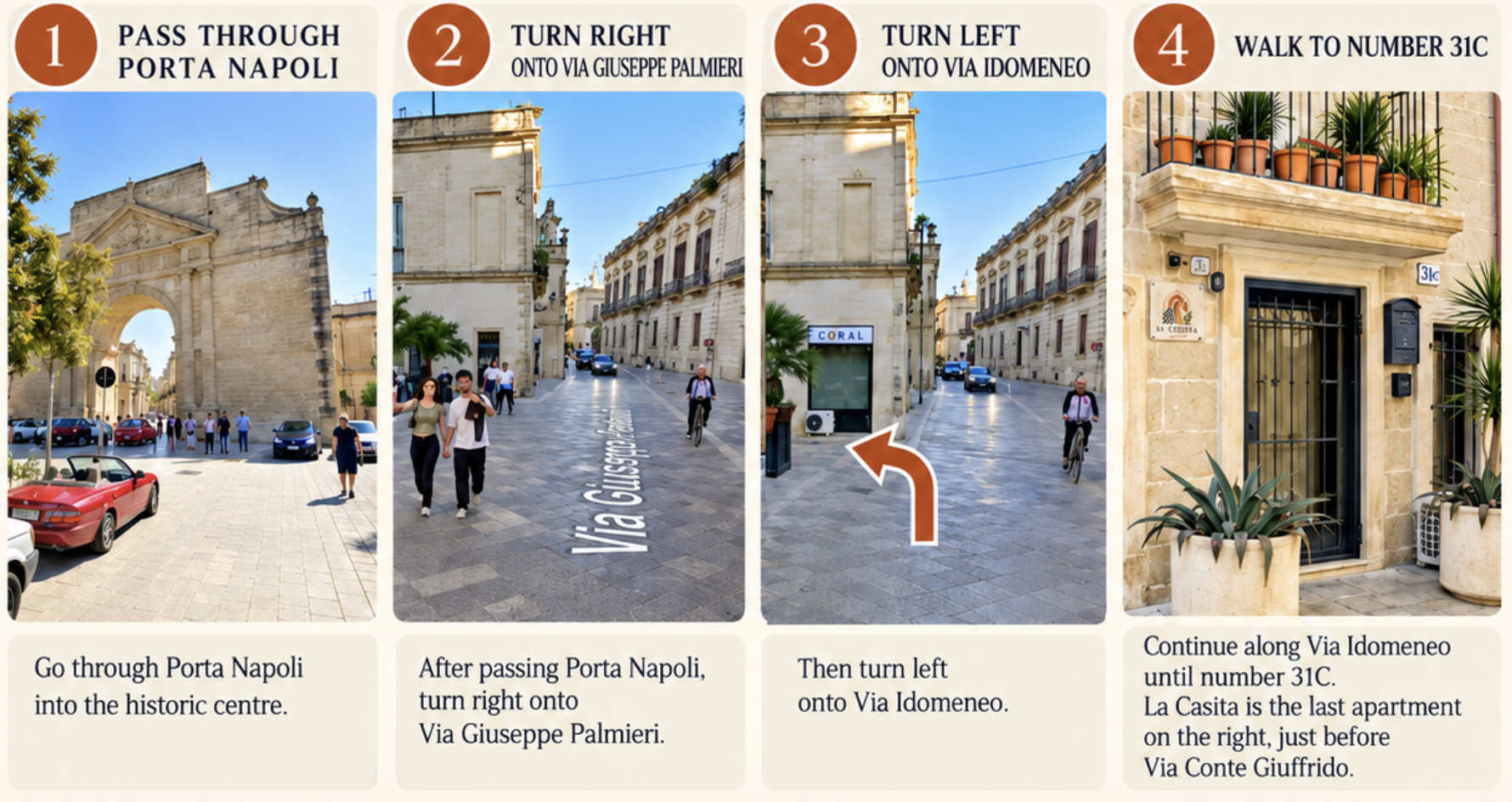 Step-by-step directions from Porta Napoli to La Casita at Via Idomeneo 31C