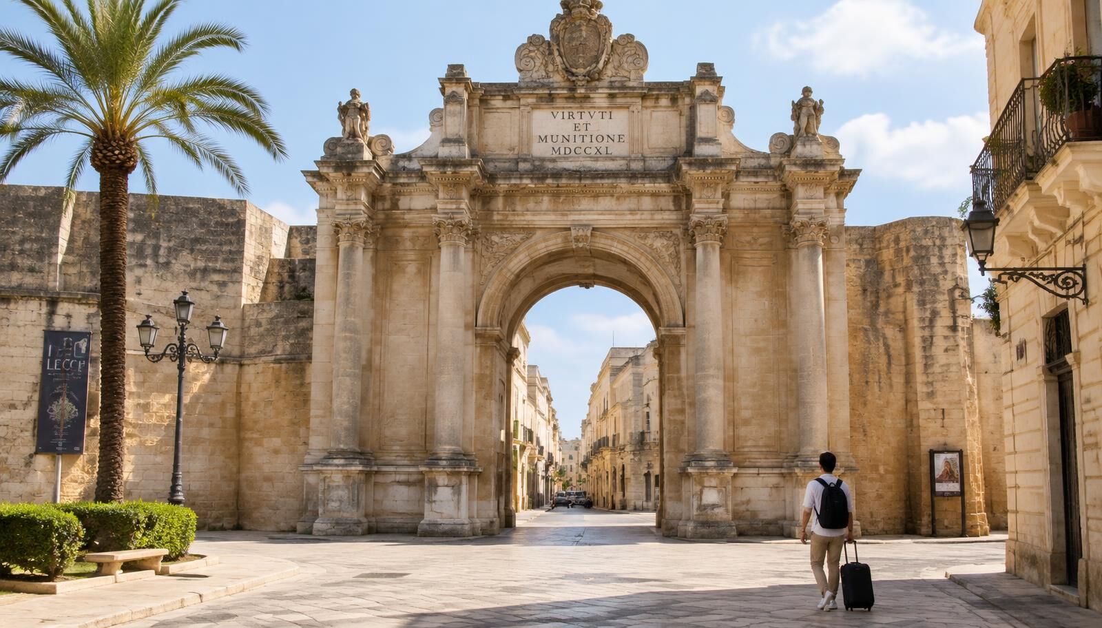 The historic stone gate of Porta Napoli in Lecce at sunset.