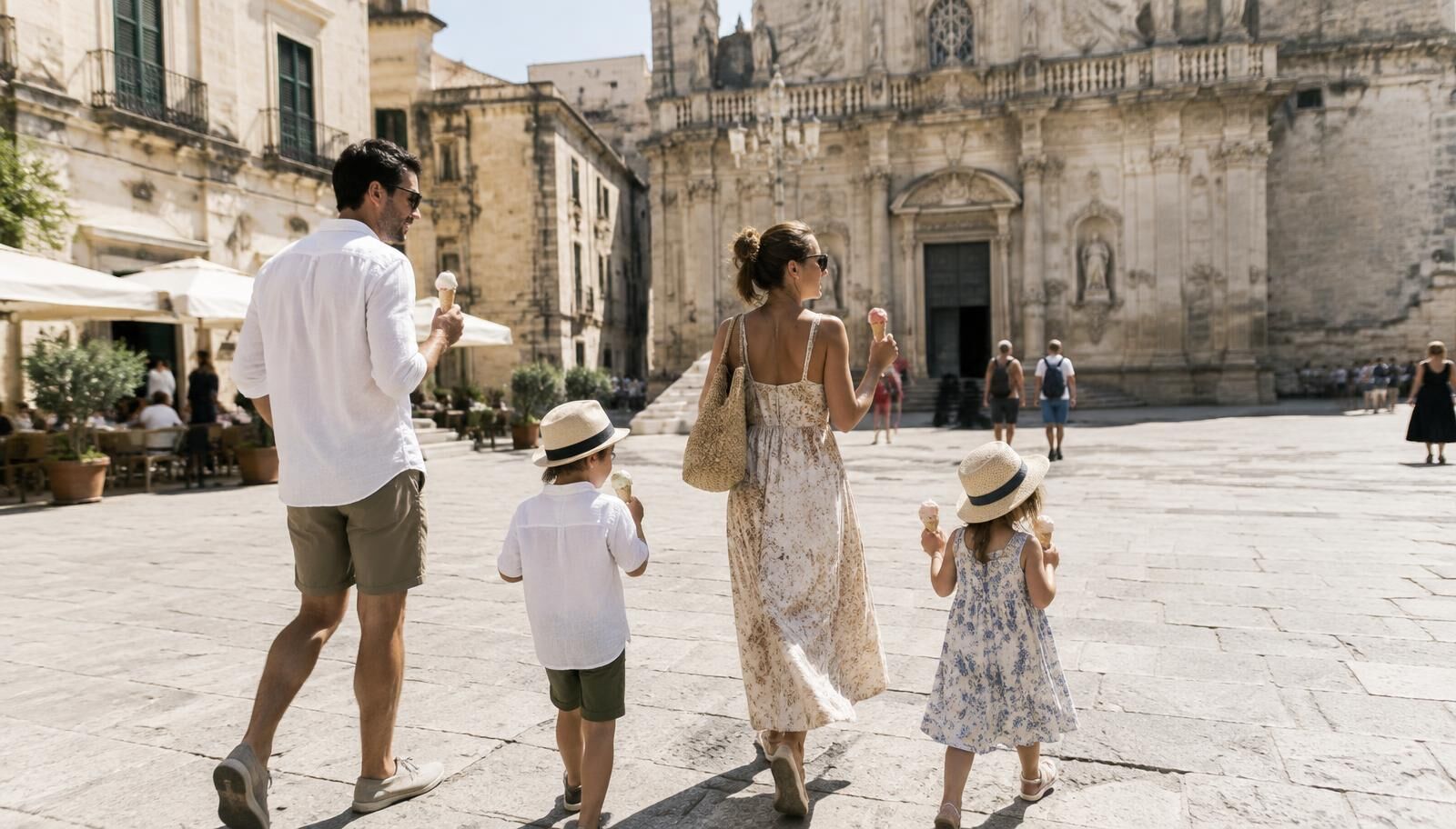 A family enjoying gelato in front of the ornate Basilica of Santa Croce in Lecce's historic centre.