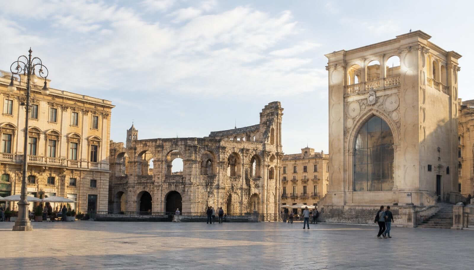 The facade of the Basilica of Santa Croce in Lecce, showing intricate Baroque stone carvings.