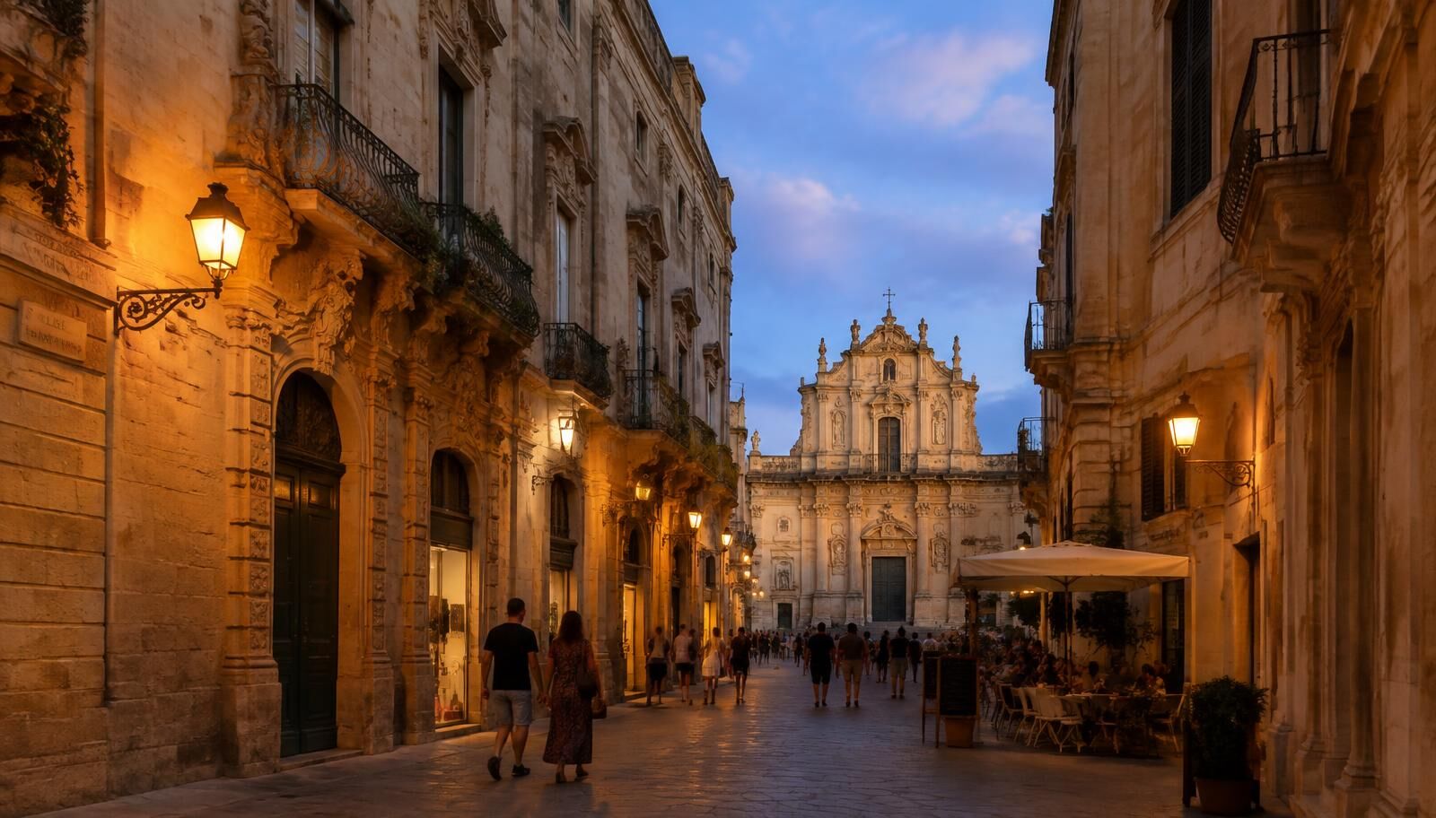 The illuminated facade of the Basilica of Santa Croce in Lecce at night, glowing golden against a dark sky.